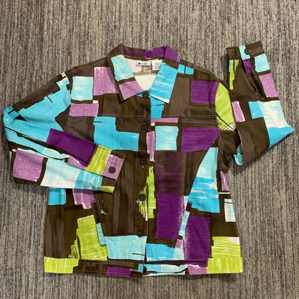 Abstract Brushstroke Jean Jacket in Turquoise, Purple & Lime - Womens